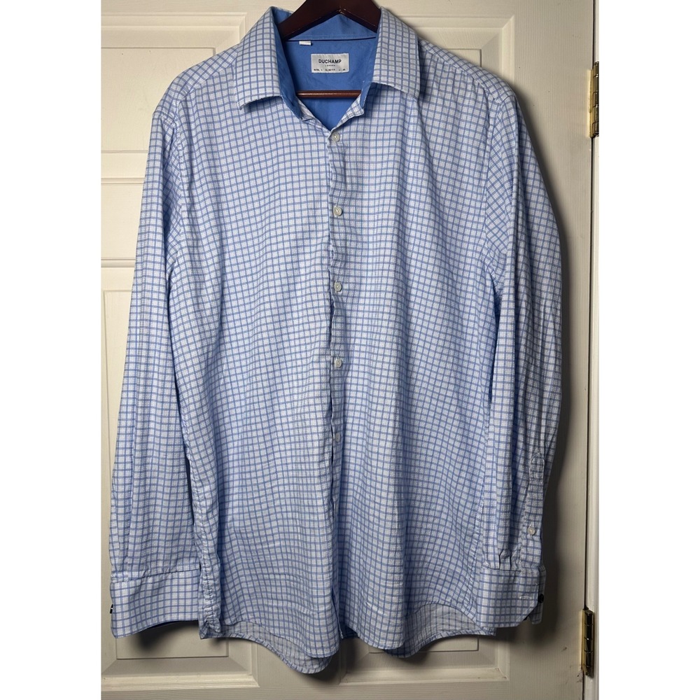 DUCHAMP‎ LONDON Slim Fit Blue Gingham Dress Shirt Mens 18 XXL